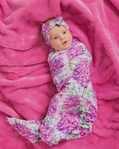 Baby Kids Bamboo Pajamas — You Had Me At Hydrangea Swaddle Headwrap Set — Image 1