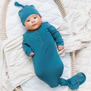 Baby Kids Bamboo Pajamas — Teal It Like It Is Knotted Gown with Buttons — Image 1