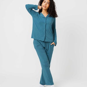 Baby Kids Bamboo Pajamas — Teal It Like It Is Women's Long Sleeve Collar Shirt & Pants Pajama Set — Image 1