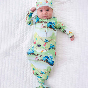 Bums & Roses - Baby & Kids Bamboo Pajamas - The Little Engine That Could® Knotted Gown + Beanie Set - Image 1