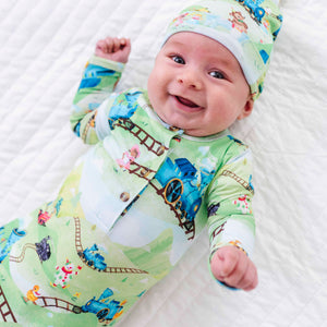 Bums & Roses - Baby & Kids Bamboo Pajamas - The Little Engine That Could® Knotted Gown + Beanie Set - Image 1