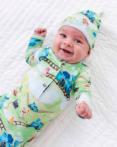 Baby Kids Bamboo Pajamas — The Little Engine That Could® Knotted Gown + Beanie Set — Image 1