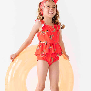 Baby Kids Bamboo Pajamas — Go Get 'Em Tiger Peplum One-Piece Swimsuit — Image 1