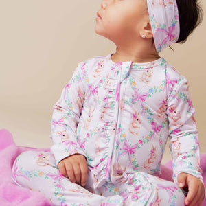 Baby Kids Bamboo Pajamas — Too Fluffin Cute Ruffle Footie — Image 1