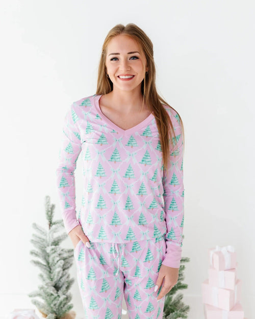 Baby Kids Bamboo Pajamas — Un-fir-gettable Women's Long Sleeve V-Neck Shirt — Image 5