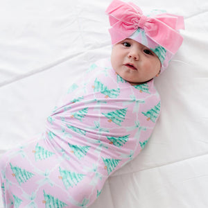 Bums & Roses - Baby & Kids Bamboo Pajamas - Un-fir-gettable Swaddle & Velvet Bow Beanie - Image 1