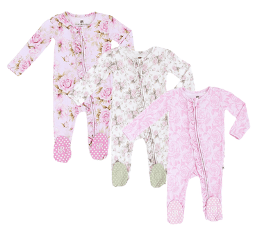 Bums & Roses - Baby & Kids Bamboo Pajamas - Pink Pansy Girl Footie Set of 3 - Image 1