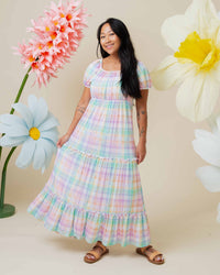 Baby Kids Bamboo Pajamas — Well Plaid Women's Puff Sleeve Tiered Maxi Dress — Image 1