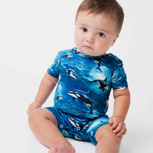 Baby Kids Bamboo Pajamas — Whale, Hello There Shortie Romper — Image 1