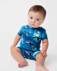 Baby Kids Bamboo Pajamas — Whale, Hello There Shortie Romper — Image 1