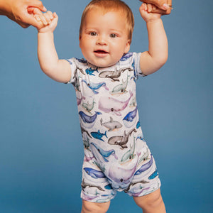 Baby Kids Bamboo Pajamas — Whalecome to the Party Shortie Romper — Image 1