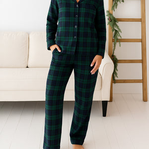 Baby Kids Bamboo Pajamas — Plaid Tidings Women's Long Sleeve Collar Shirt & Pants Pajama Set — Image 1
