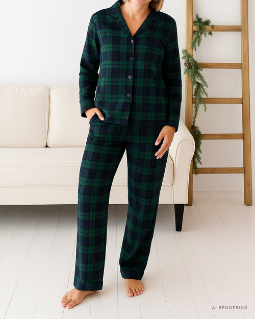 Baby Kids Bamboo Pajamas — Plaid Tidings Women's Long Sleeve Collar Shirt & Pants Pajama Set — Image 1