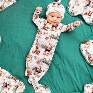 Baby Kids Bamboo Pajamas — Wood You Believe It Knotted Gown & Beanie Set — Image 1