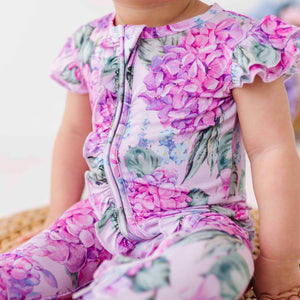 Baby Kids Bamboo Pajamas — You Had Me At Hydrangea Ruffle Zipper Romper - Cap Sleeves — Image 1