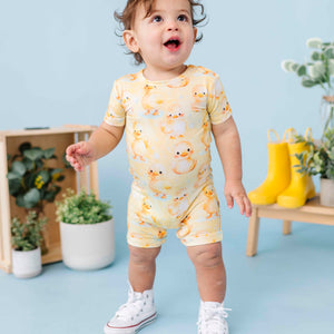 Baby Kids Bamboo Pajamas — You Quack Me Up Shortie Romper — Image 1