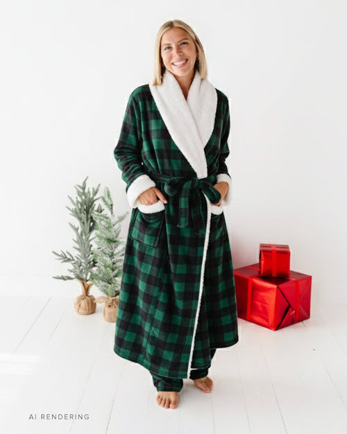 Baby Kids Bamboo Pajamas — Plaid Tidings Adult Plush Robe — Image 1