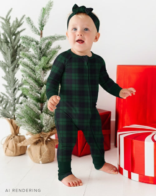 Baby Kids Bamboo Pajamas — Plaid Tidings Convertible Romper — Image 1