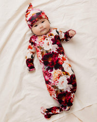 Baby Kids Bamboo Pajamas — Berry Tale Ending Knotted Gown & Beanie Set — Image 1