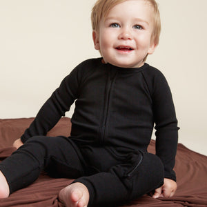 Baby Kids Bamboo Pajamas — Black Ribbed Convertible Romper — Image 1