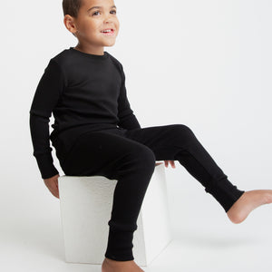 Baby Kids Bamboo Pajamas — Black Ribbed Long Sleeve Pajama Set — Image 1