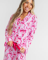 Baby Kids Bamboo Pajamas — Candy Cane Crush Women's Ruffled Long Sleeve Collar Shirt & Pants Pajama Set — Image 1