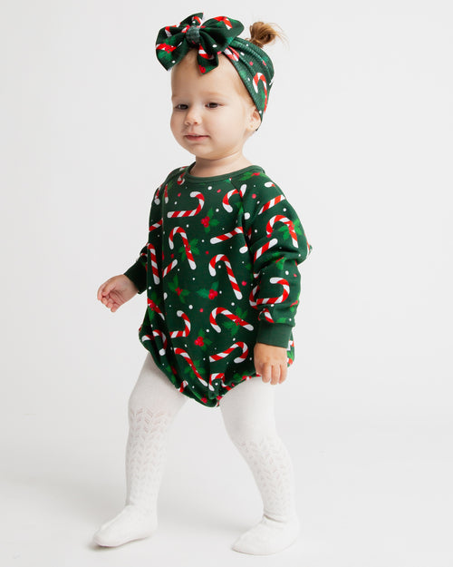 Baby Kids Bamboo Pajamas — Candy Cane Lane Bubble Sweatshirt - Dark Green — Image 3