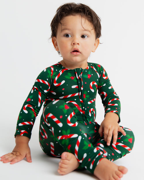 Baby Kids Bamboo Pajamas — Candy Cane Lane Convertible Romper - Dark Green — Image 3