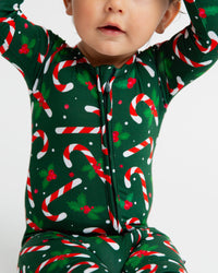 Baby Kids Bamboo Pajamas — Candy Cane Lane Convertible Romper - Dark Green — Image 1
