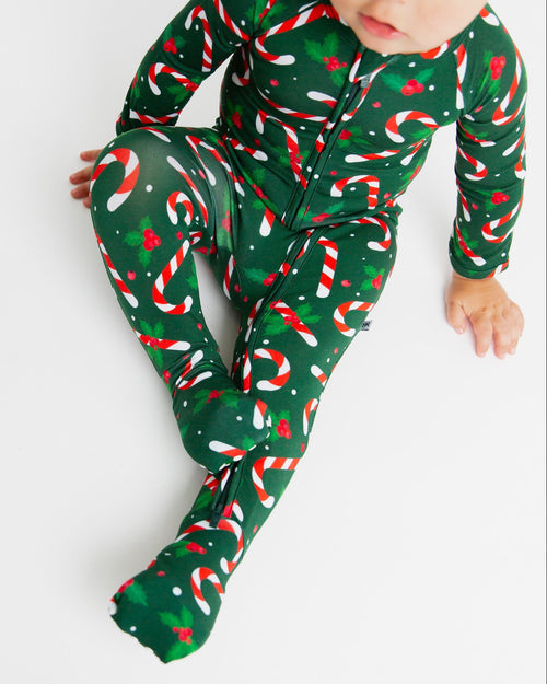 Baby Kids Bamboo Pajamas — Candy Cane Lane Convertible Romper - Dark Green — Image 8