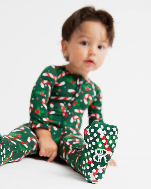 Baby Kids Bamboo Pajamas — Candy Cane Lane Convertible Romper - Dark Green — Image 7