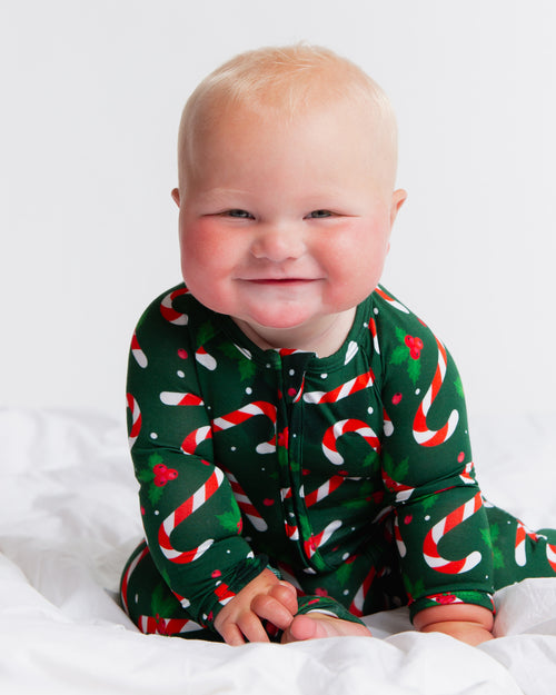 Baby Kids Bamboo Pajamas — Candy Cane Lane Convertible Romper - Dark Green — Image 6