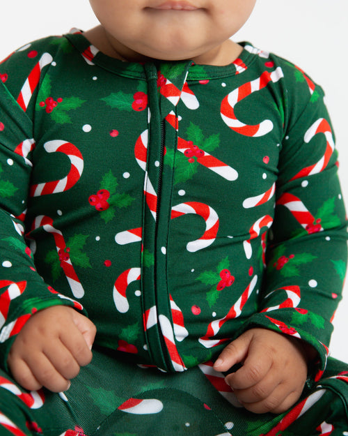 Baby Kids Bamboo Pajamas — Candy Cane Lane Footie - Dark Green — Image 3