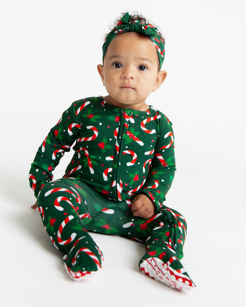 Baby Kids Bamboo Pajamas — Candy Cane Lane Footie - Dark Green — Image 5