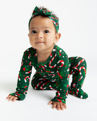 Baby Kids Bamboo Pajamas — Candy Cane Lane Footie - Dark Green — Image 1