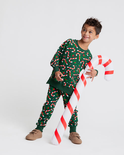 Baby Kids Bamboo Pajamas — Candy Cane Lane Jogger Set - Dark Green — Image 4