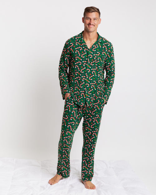 Baby Kids Bamboo Pajamas — Candy Cane Lane Men's Collar Shirt & Pants Set - Dark Green — Image 4