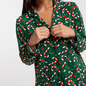 Baby Kids Bamboo Pajamas — Candy Cane Lane Women's Long Sleeve Collar Shirt & Pants Pajama Set - Dark Green — Image 1
