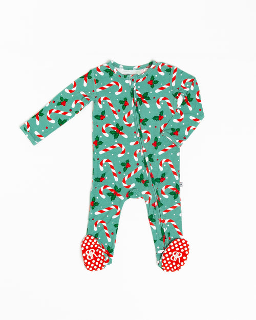Baby Kids Bamboo Pajamas — Candy Cane Lane Footie — Image 2