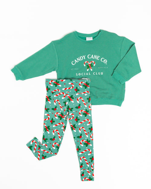 Baby Kids Bamboo Pajamas — Candy Cane Lane Crew Neck Sweatshirt & Leggings Set — Image 2
