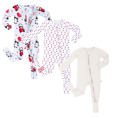 Bums & Roses - Baby & Kids Bamboo Pajamas - Valentine's Convertible Romper Set of 3 - Image 1