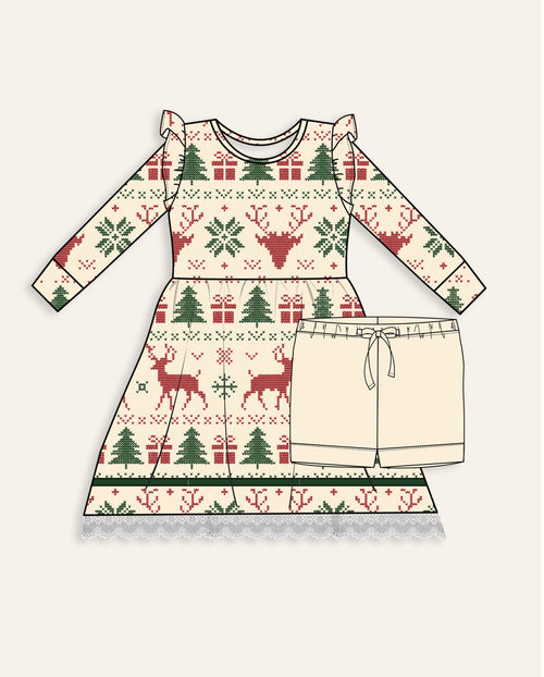 Baby Kids Bamboo Pajamas — Deer to Dream Long Sleeve Party Dress & Shorts Set — Image 2