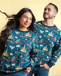 Harry Potter™ Off To Hogwarts Adult Crew Neck Sweatshirt featuring Hogwarts Express, Hedwig and Hogwarts castle on teal