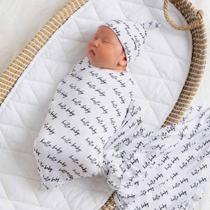 Baby Kids Bamboo Pajamas — Hello Baby Swaddle & Beanie Set — Image 1