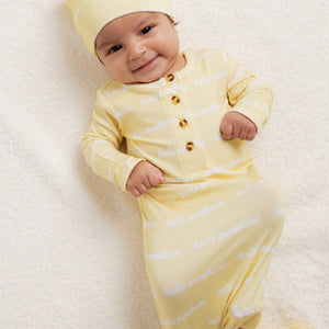 Baby Kids Bamboo Pajamas — Hello Sunshine Knotted Gown & Beanie Set — Image 1
