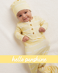 Baby Kids Bamboo Pajamas — Hello Sunshine Knotted Gown & Beanie Set — Image 1