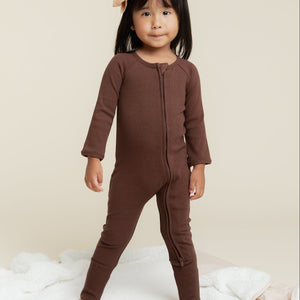 Baby Kids Bamboo Pajamas — Cream Puff + Mocha Me Happy Ribbed Convertible Rompers Bundle — Image 2