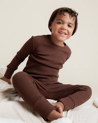 Baby Kids Bamboo Pajamas — Cream Puff + Mocha Me Happy Ribbed Long Sleeve Pajama Sets Bundle — Image 2