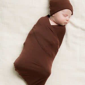 Baby Kids Bamboo Pajamas — Mocha Me Happy Swaddle & Beanie Set — Image 1
