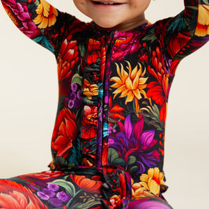 Baby Kids Bamboo Pajamas — Mourning Glory Convertible Ruffle Romper — Image 1